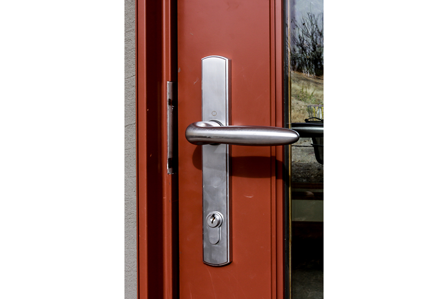 A silver-colored door handle on a red and glass door.
